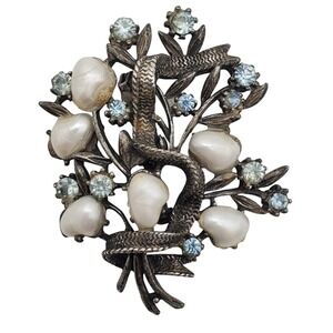 Coro Brooch Baby Tooth Faux Pearl Blue Rhinestone Pin Floral Spray Bouquet Vtg